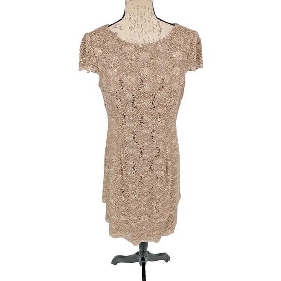 Alex Evening Dress 10 Beige Lace Sheath Sequins Mother of Bride Tiered - Picture 1 of 9